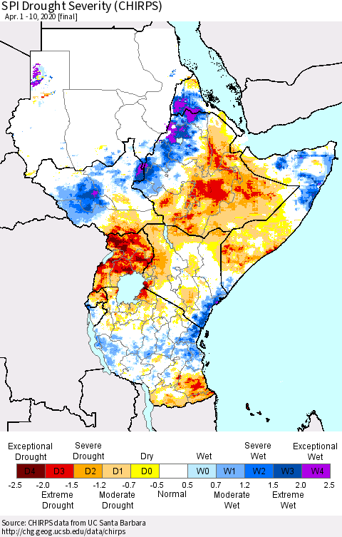 Eastern Africa SPI Drought Severity (CHIRPS) Thematic Map For 4/1/2020 - 4/10/2020