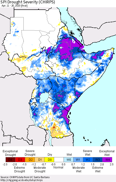 Eastern Africa SPI Drought Severity (CHIRPS) Thematic Map For 4/11/2020 - 4/20/2020