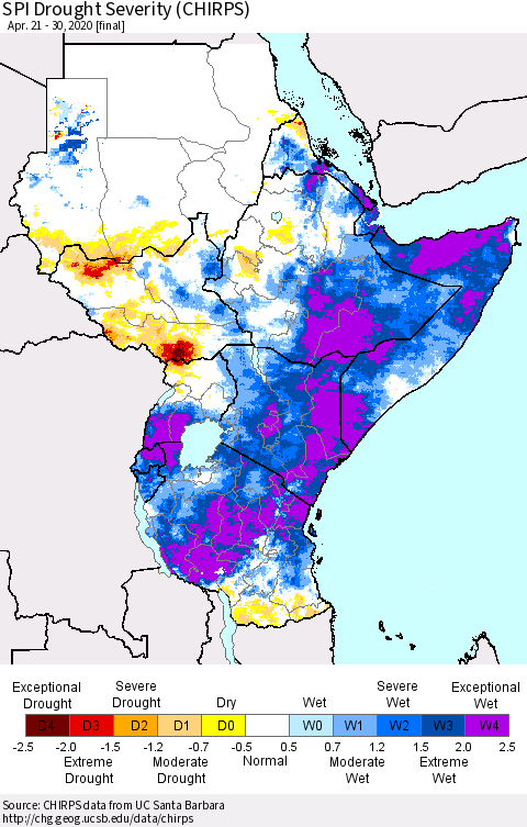 Eastern Africa SPI Drought Severity (CHIRPS) Thematic Map For 4/21/2020 - 4/30/2020