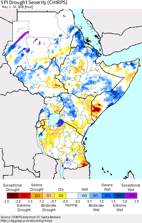 Eastern Africa SPI Drought Severity (CHIRPS) Thematic Map For 5/1/2020 - 5/10/2020