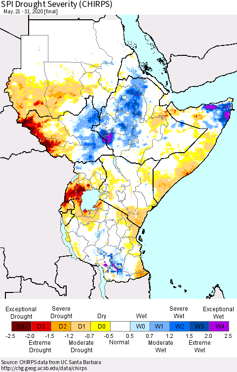 Eastern Africa SPI Drought Severity (CHIRPS) Thematic Map For 5/21/2020 - 5/31/2020