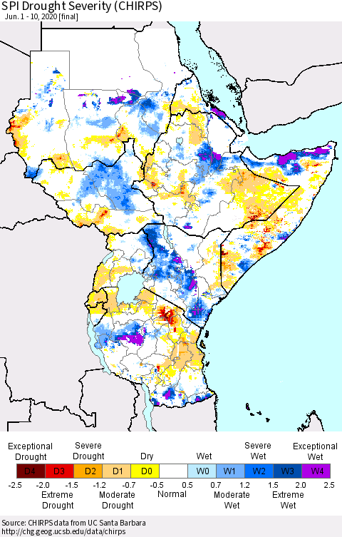 Eastern Africa SPI Drought Severity (CHIRPS) Thematic Map For 6/1/2020 - 6/10/2020