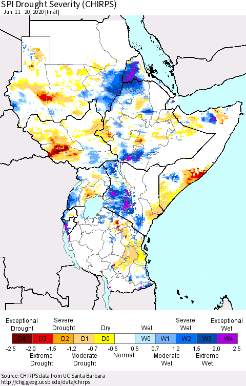 Eastern Africa SPI Drought Severity (CHIRPS) Thematic Map For 6/11/2020 - 6/20/2020