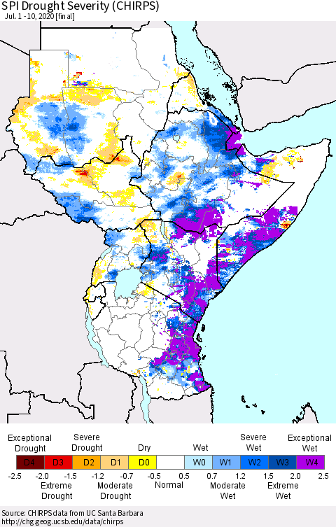 Eastern Africa SPI Drought Severity (CHIRPS) Thematic Map For 7/1/2020 - 7/10/2020