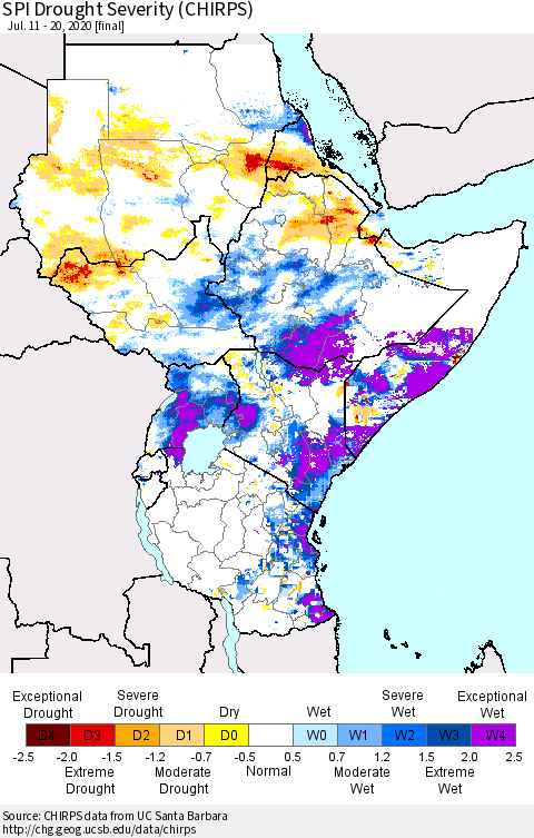 Eastern Africa SPI Drought Severity (CHIRPS) Thematic Map For 7/11/2020 - 7/20/2020