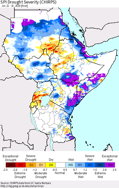 Eastern Africa SPI Drought Severity (CHIRPS) Thematic Map For 7/21/2020 - 7/31/2020