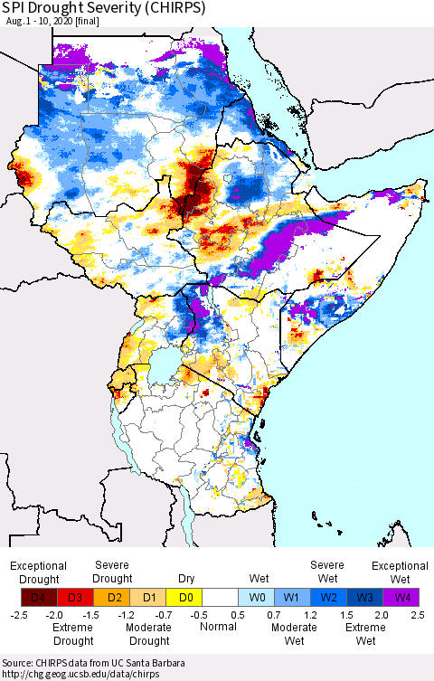 Eastern Africa SPI Drought Severity (CHIRPS) Thematic Map For 8/1/2020 - 8/10/2020