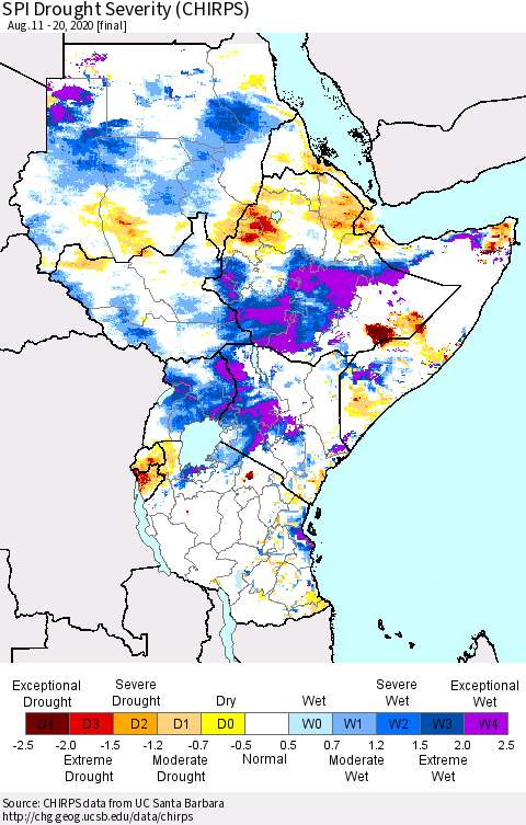Eastern Africa SPI Drought Severity (CHIRPS) Thematic Map For 8/11/2020 - 8/20/2020