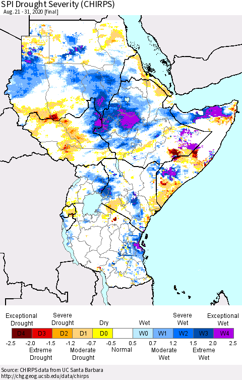 Eastern Africa SPI Drought Severity (CHIRPS) Thematic Map For 8/21/2020 - 8/31/2020