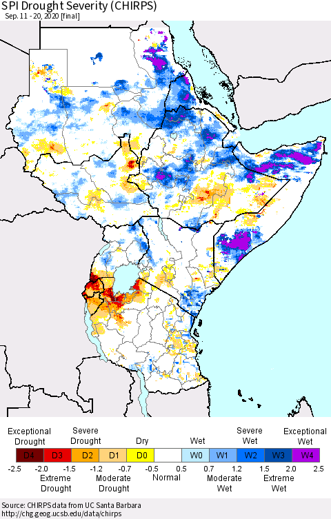 Eastern Africa SPI Drought Severity (CHIRPS) Thematic Map For 9/11/2020 - 9/20/2020