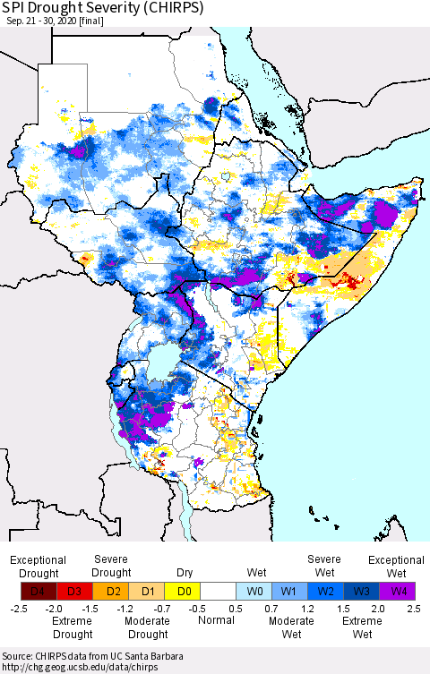 Eastern Africa SPI Drought Severity (CHIRPS) Thematic Map For 9/21/2020 - 9/30/2020