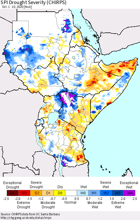 Eastern Africa SPI Drought Severity (CHIRPS) Thematic Map For 10/1/2020 - 10/10/2020