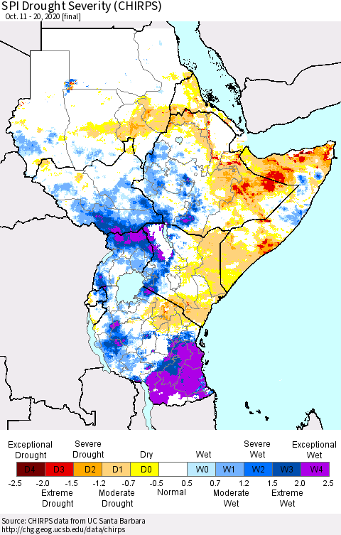 Eastern Africa SPI Drought Severity (CHIRPS) Thematic Map For 10/11/2020 - 10/20/2020