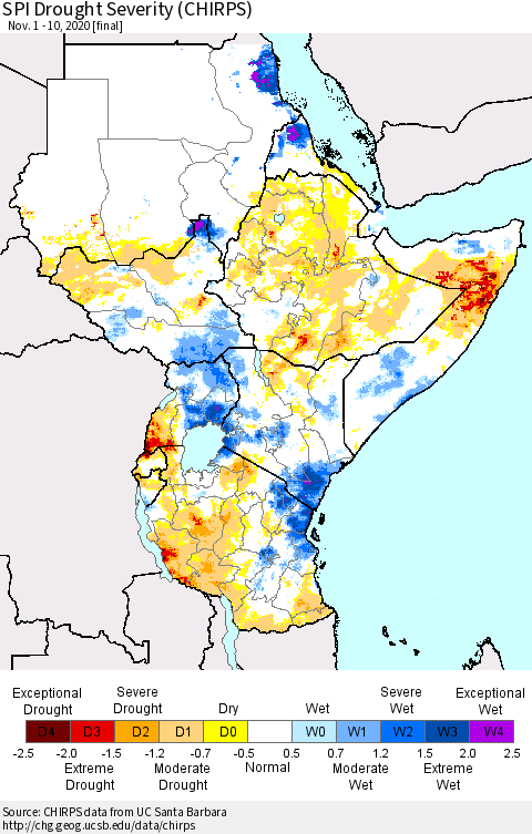 Eastern Africa SPI Drought Severity (CHIRPS) Thematic Map For 11/1/2020 - 11/10/2020