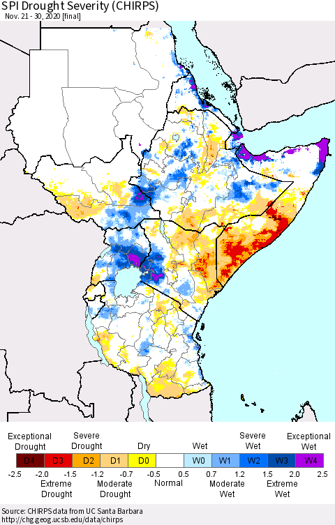 Eastern Africa SPI Drought Severity (CHIRPS) Thematic Map For 11/21/2020 - 11/30/2020