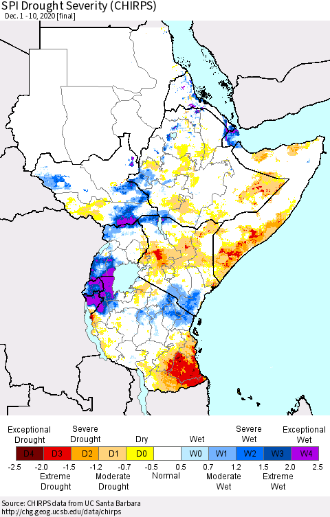 Eastern Africa SPI Drought Severity (CHIRPS) Thematic Map For 12/1/2020 - 12/10/2020