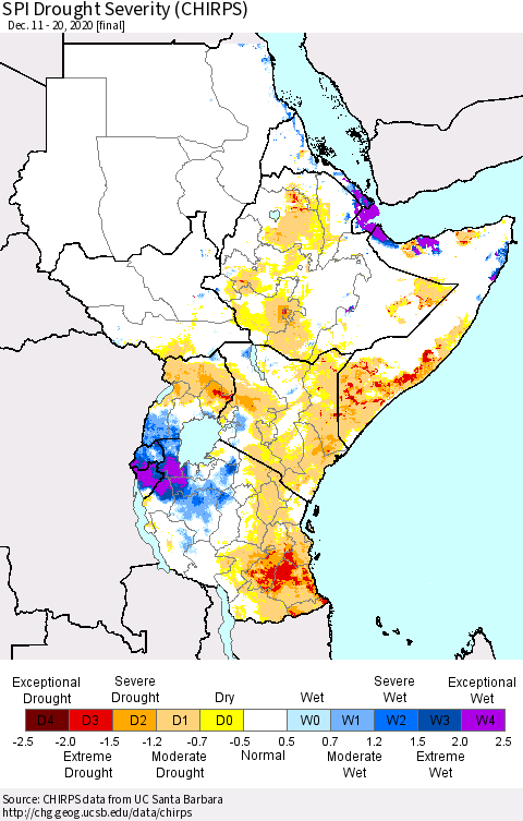 Eastern Africa SPI Drought Severity (CHIRPS) Thematic Map For 12/11/2020 - 12/20/2020