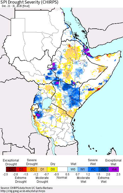 Eastern Africa SPI Drought Severity (CHIRPS) Thematic Map For 12/21/2020 - 12/31/2020