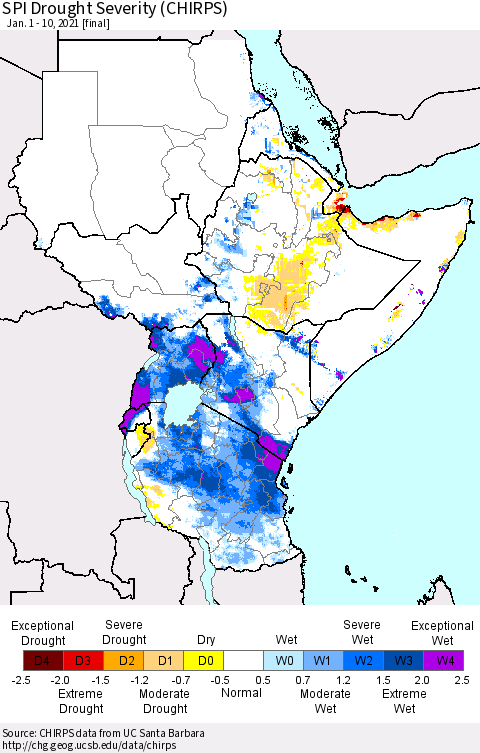 Eastern Africa SPI Drought Severity (CHIRPS) Thematic Map For 1/1/2021 - 1/10/2021