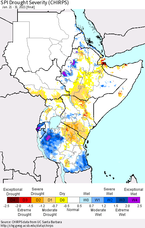Eastern Africa SPI Drought Severity (CHIRPS) Thematic Map For 1/21/2021 - 1/31/2021