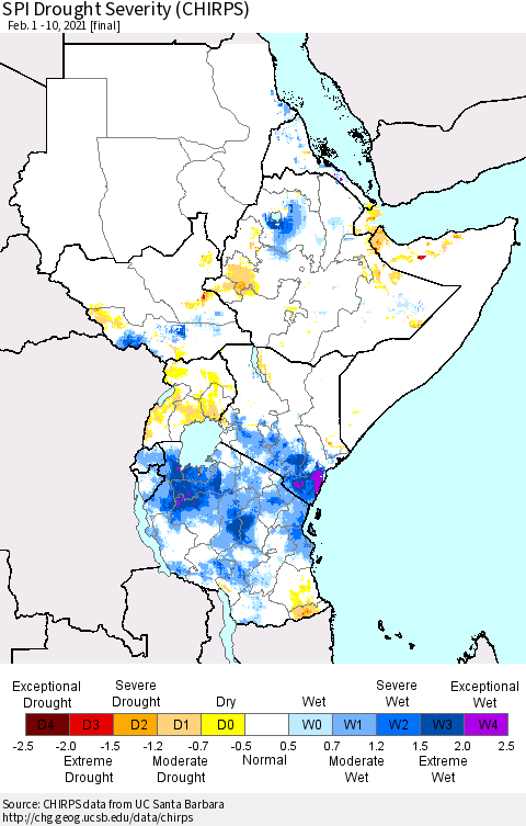 Eastern Africa SPI Drought Severity (CHIRPS) Thematic Map For 2/1/2021 - 2/10/2021