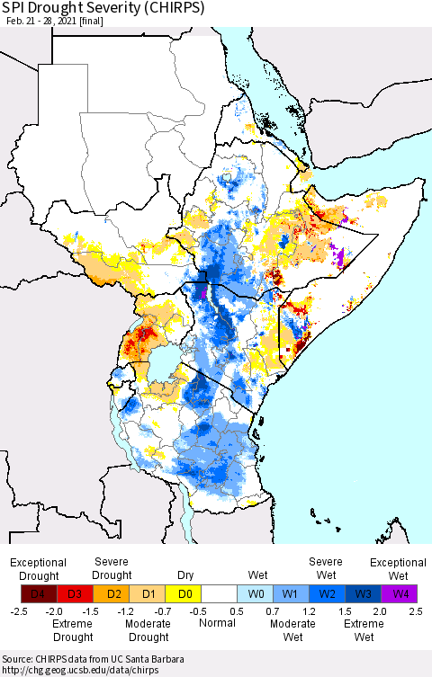 Eastern Africa SPI Drought Severity (CHIRPS) Thematic Map For 2/21/2021 - 2/28/2021