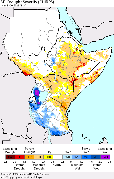 Eastern Africa SPI Drought Severity (CHIRPS) Thematic Map For 3/1/2021 - 3/10/2021