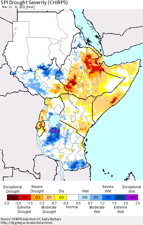 Eastern Africa SPI Drought Severity (CHIRPS) Thematic Map For 3/21/2021 - 3/31/2021