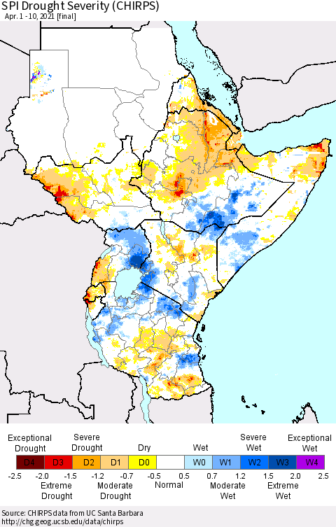 Eastern Africa SPI Drought Severity (CHIRPS) Thematic Map For 4/1/2021 - 4/10/2021