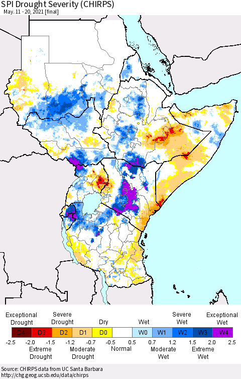Eastern Africa SPI Drought Severity (CHIRPS) Thematic Map For 5/11/2021 - 5/20/2021