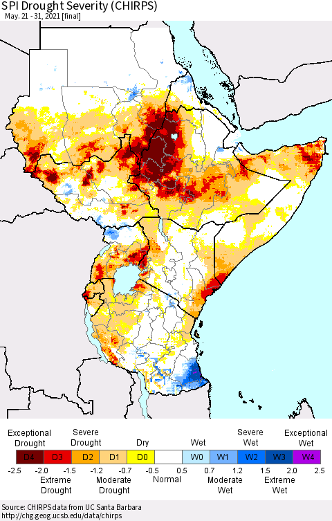 Eastern Africa SPI Drought Severity (CHIRPS) Thematic Map For 5/21/2021 - 5/31/2021