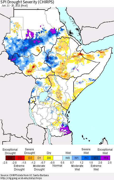 Eastern Africa SPI Drought Severity (CHIRPS) Thematic Map For 6/11/2021 - 6/20/2021