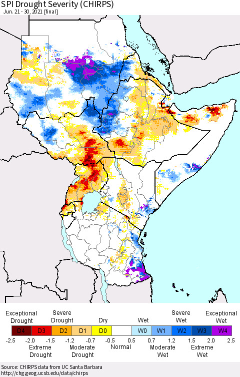 Eastern Africa SPI Drought Severity (CHIRPS) Thematic Map For 6/21/2021 - 6/30/2021