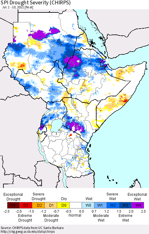 Eastern Africa SPI Drought Severity (CHIRPS) Thematic Map For 7/1/2021 - 7/10/2021