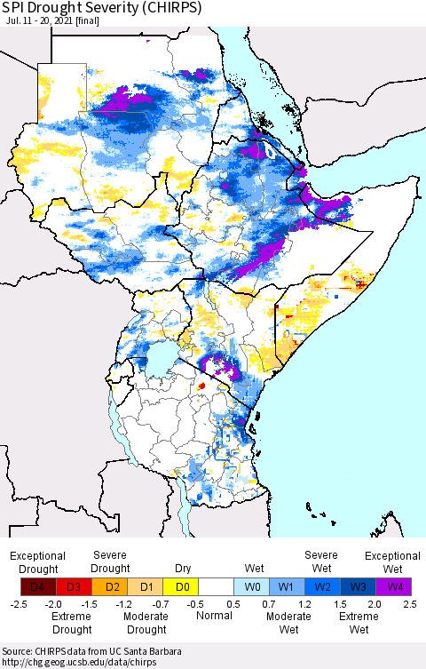 Eastern Africa SPI Drought Severity (CHIRPS) Thematic Map For 7/11/2021 - 7/20/2021