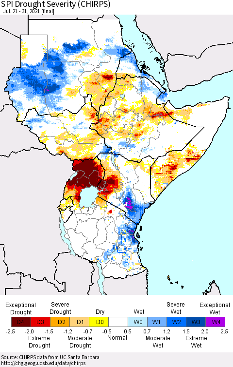 Eastern Africa SPI Drought Severity (CHIRPS) Thematic Map For 7/21/2021 - 7/31/2021