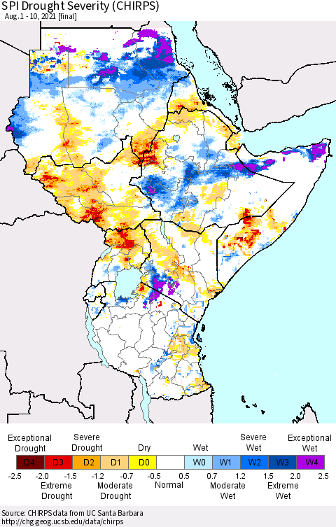 Eastern Africa SPI Drought Severity (CHIRPS) Thematic Map For 8/1/2021 - 8/10/2021