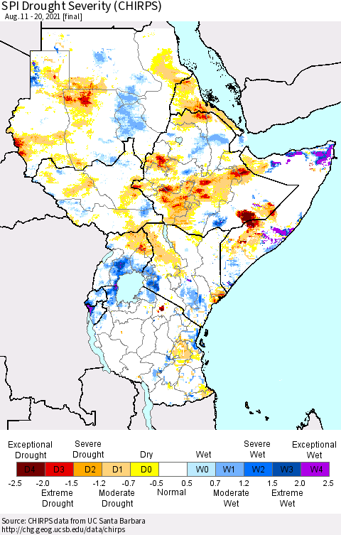 Eastern Africa SPI Drought Severity (CHIRPS) Thematic Map For 8/11/2021 - 8/20/2021