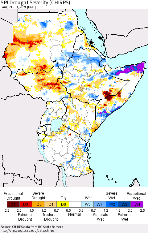 Eastern Africa SPI Drought Severity (CHIRPS) Thematic Map For 8/21/2021 - 8/31/2021