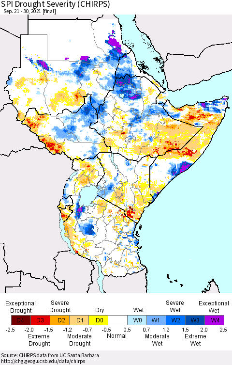 Eastern Africa SPI Drought Severity (CHIRPS) Thematic Map For 9/21/2021 - 9/30/2021