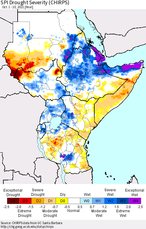 Eastern Africa SPI Drought Severity (CHIRPS) Thematic Map For 10/1/2021 - 10/10/2021