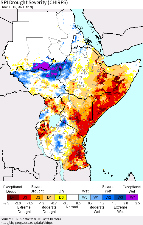 Eastern Africa SPI Drought Severity (CHIRPS) Thematic Map For 11/1/2021 - 11/10/2021