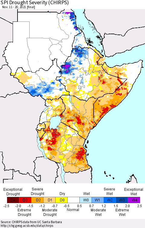 Eastern Africa SPI Drought Severity (CHIRPS) Thematic Map For 11/11/2021 - 11/20/2021