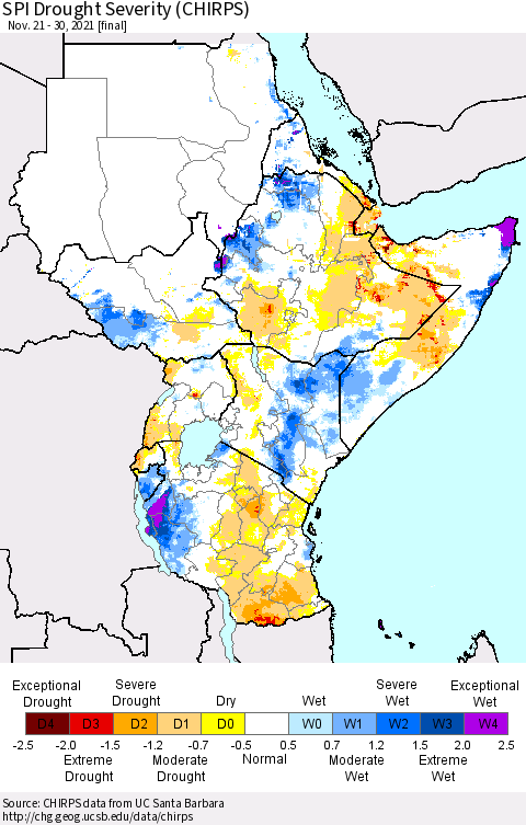 Eastern Africa SPI Drought Severity (CHIRPS) Thematic Map For 11/21/2021 - 11/30/2021