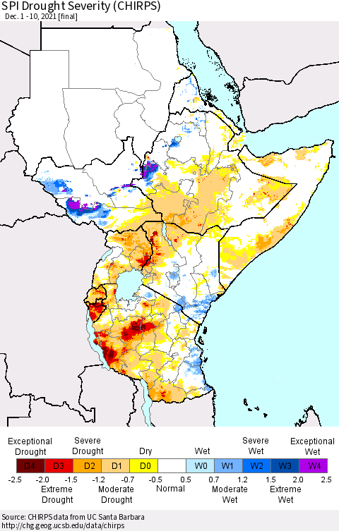 Eastern Africa SPI Drought Severity (CHIRPS) Thematic Map For 12/1/2021 - 12/10/2021