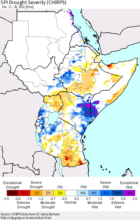 Eastern Africa SPI Drought Severity (CHIRPS) Thematic Map For 12/11/2021 - 12/20/2021