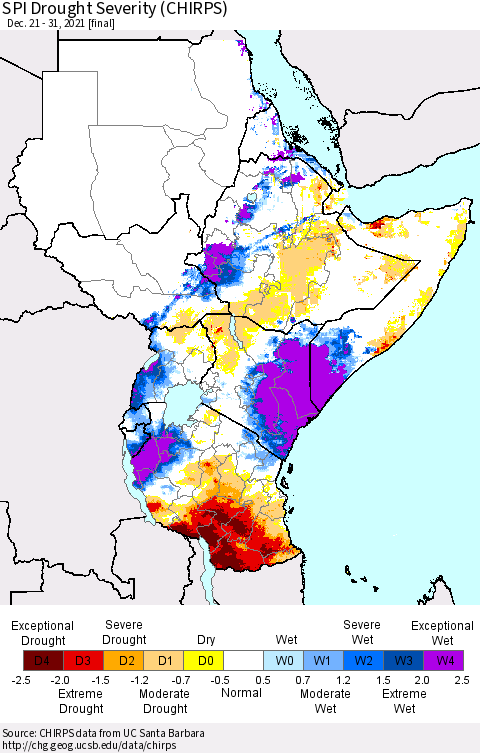 Eastern Africa SPI Drought Severity (CHIRPS) Thematic Map For 12/21/2021 - 12/31/2021