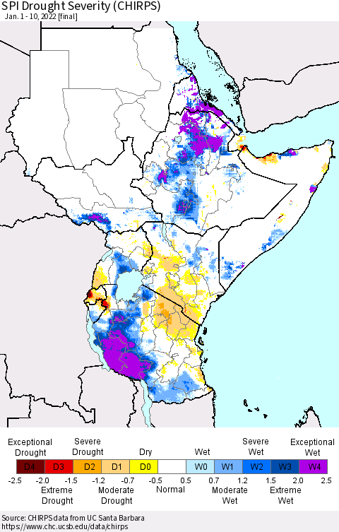 Eastern Africa SPI Drought Severity (CHIRPS) Thematic Map For 1/1/2022 - 1/10/2022