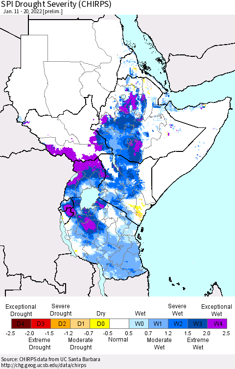 Eastern Africa SPI Drought Severity (CHIRPS) Thematic Map For 1/11/2022 - 1/20/2022