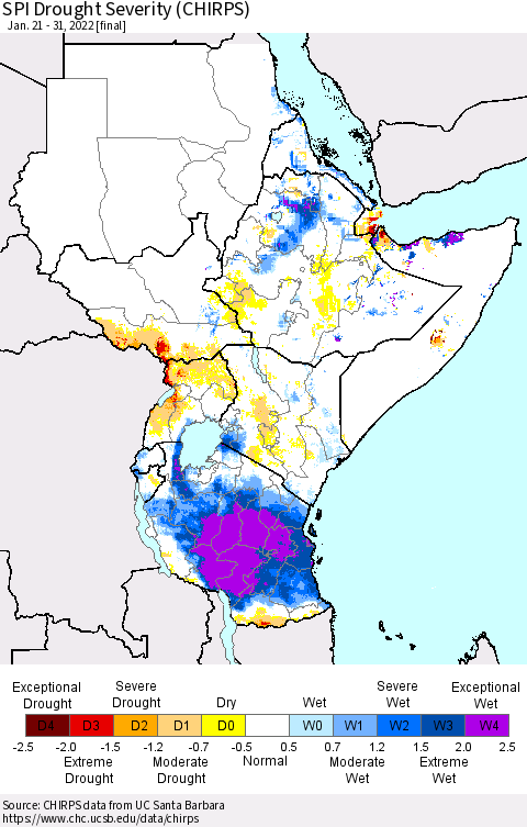 Eastern Africa SPI Drought Severity (CHIRPS) Thematic Map For 1/21/2022 - 1/31/2022